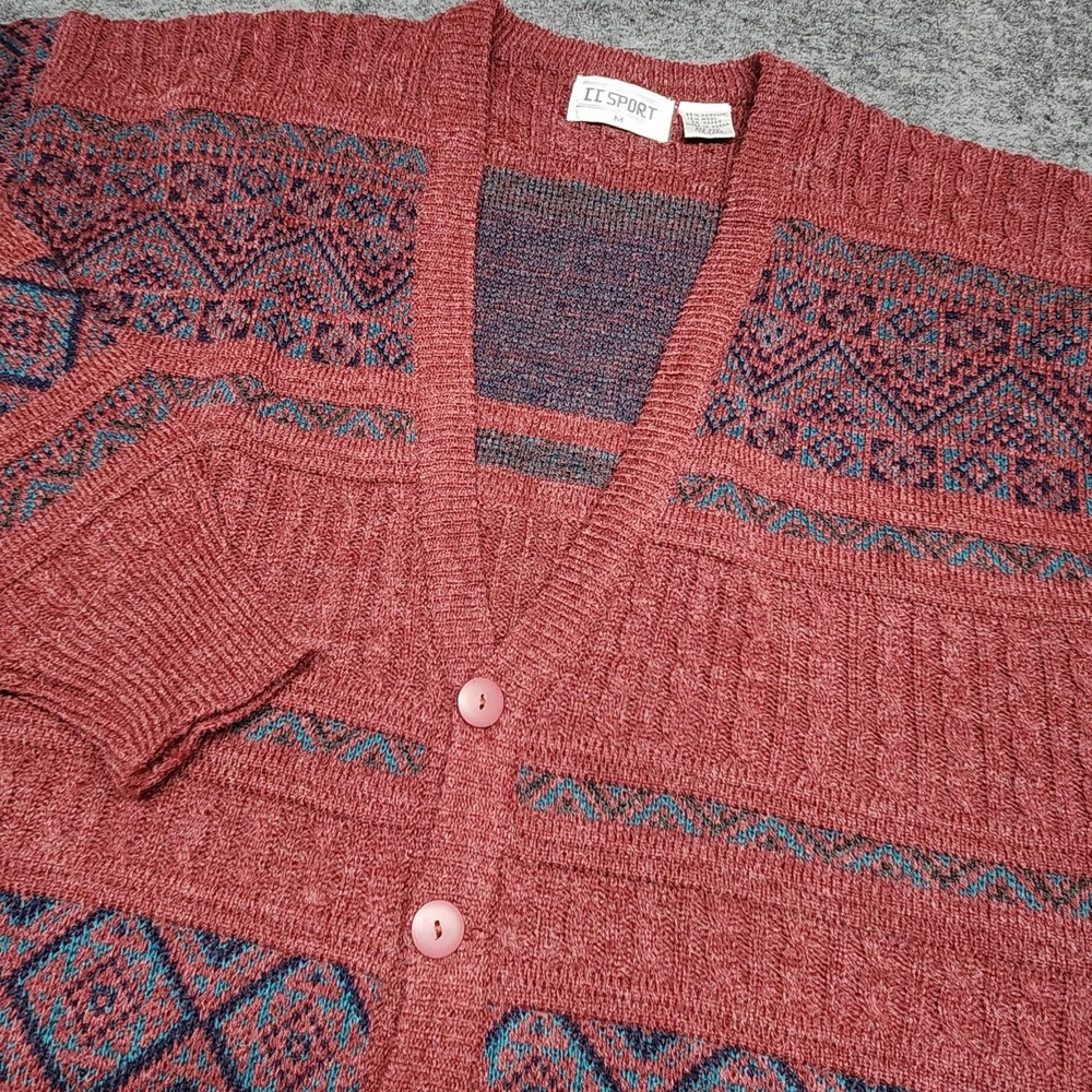 Mens Maroon Geometric Vintage Wool Cardigan Sweater Grandpa Cabincore Medium